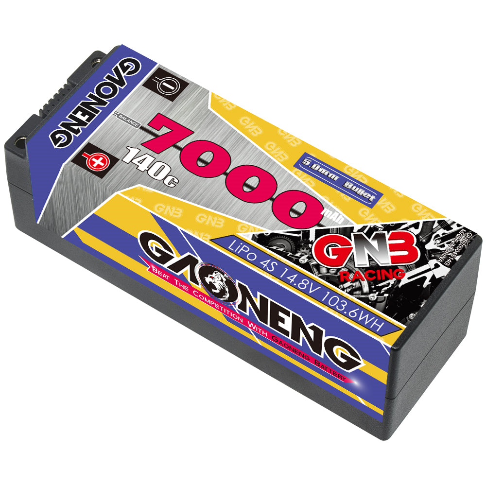 Angled top view of GAONENG GNB 7000mAh 140C 4S hard case LiPo battery showing label and casing