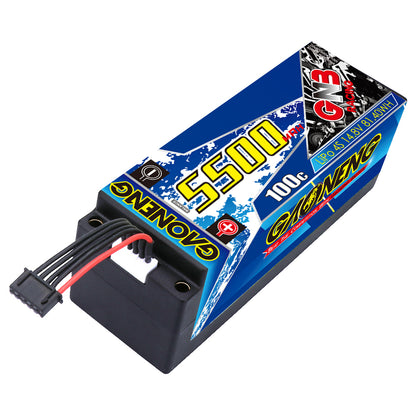 Angled top view of GAONENG GNB 5500 100C hard case LiPo showing balance port and lead wires