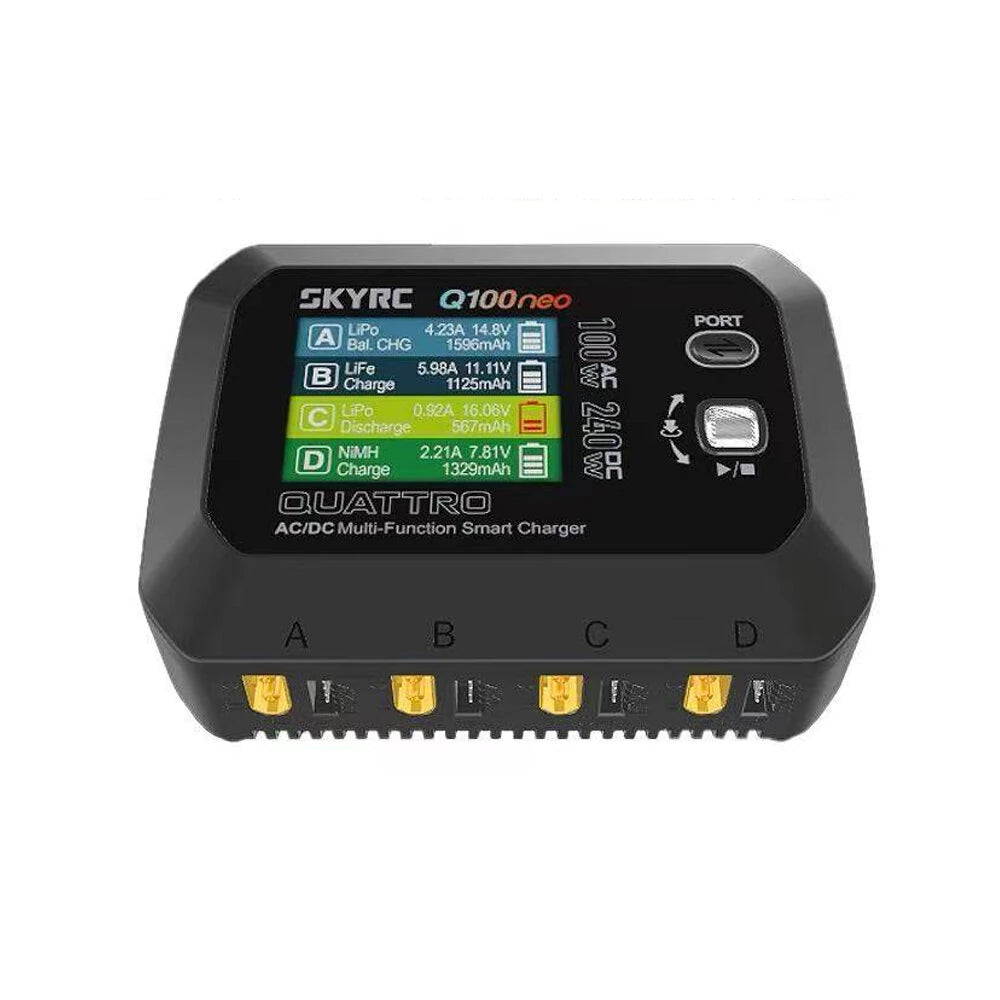 SkyRC Q100neo smart charger with color LCD screen and four labeled charging ports (A–D) on the front