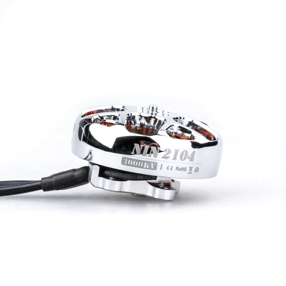 Flywoo NIN 2104 Ultralight FPV Motor, Flywoo NIN 2104 FPV brushless motor with chrome finish, top cutouts, and side label showing 8000KV