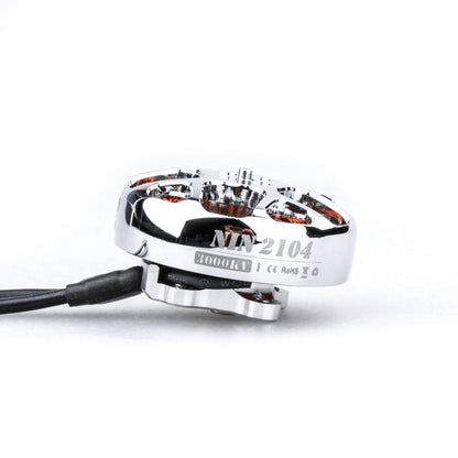 Flywoo NIN 2104 Ultralight FPV Motor, Flywoo NIN 2104 FPV brushless motor with chrome finish, top cutouts, and side label showing 8000KV