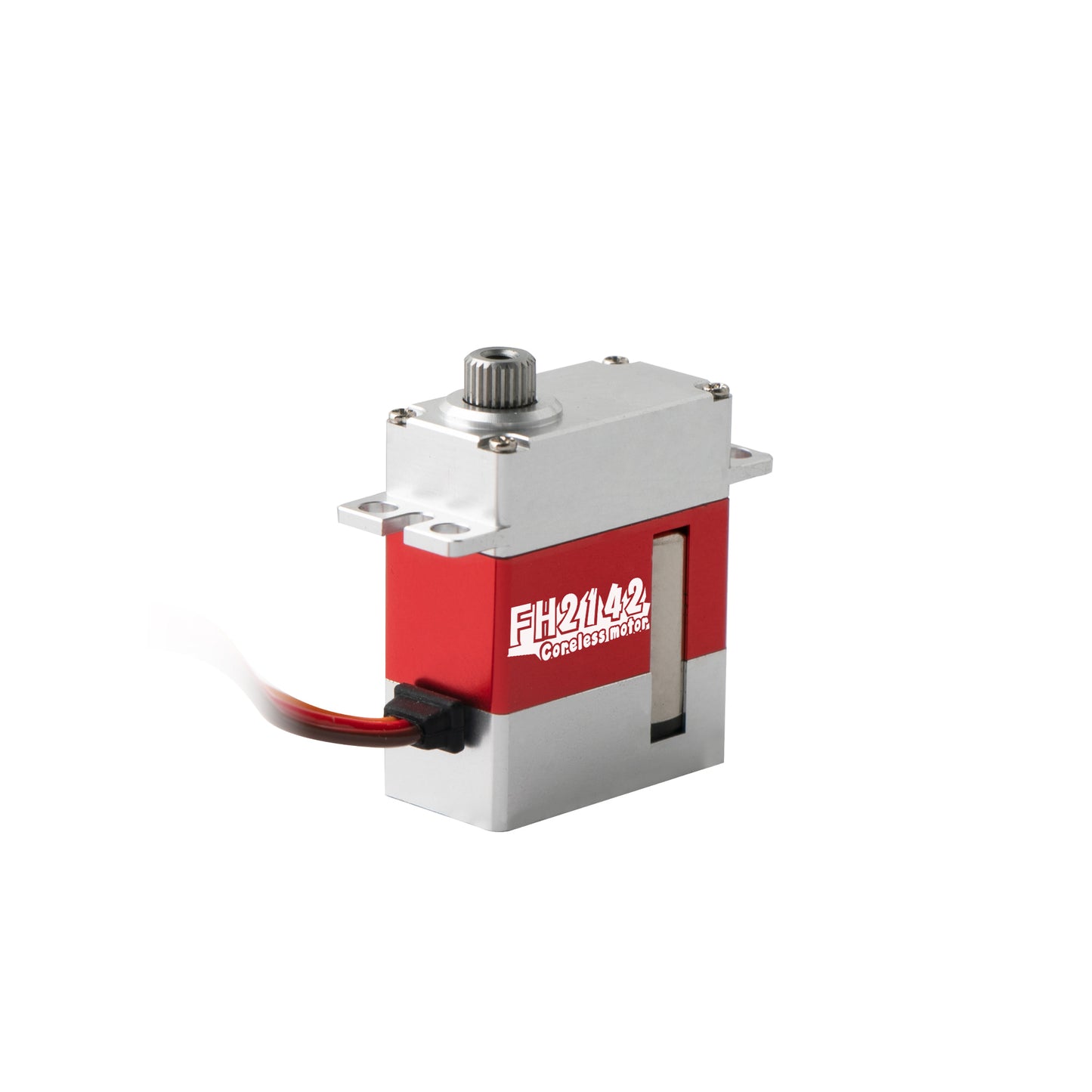 Flashhobby FH-2142 micro servo with red and silver metal case, mounting tabs, output spline, and servo lead