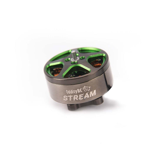 OddityRC Stream 1806 2200KV brushless motor, angled view with green rotor and Stream logo