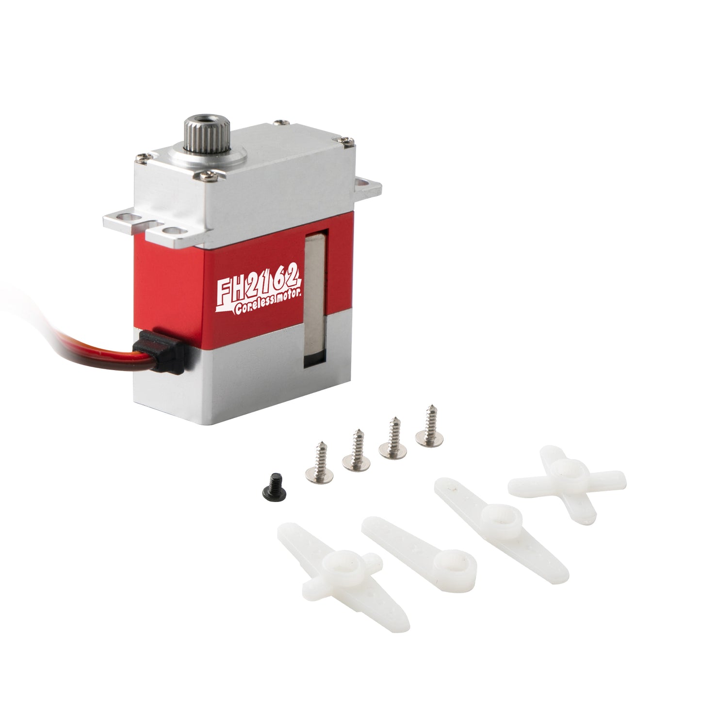 Flashhobby FH-2162 micro servo with red metal case, cable lead, mounting screws, and white servo horns
