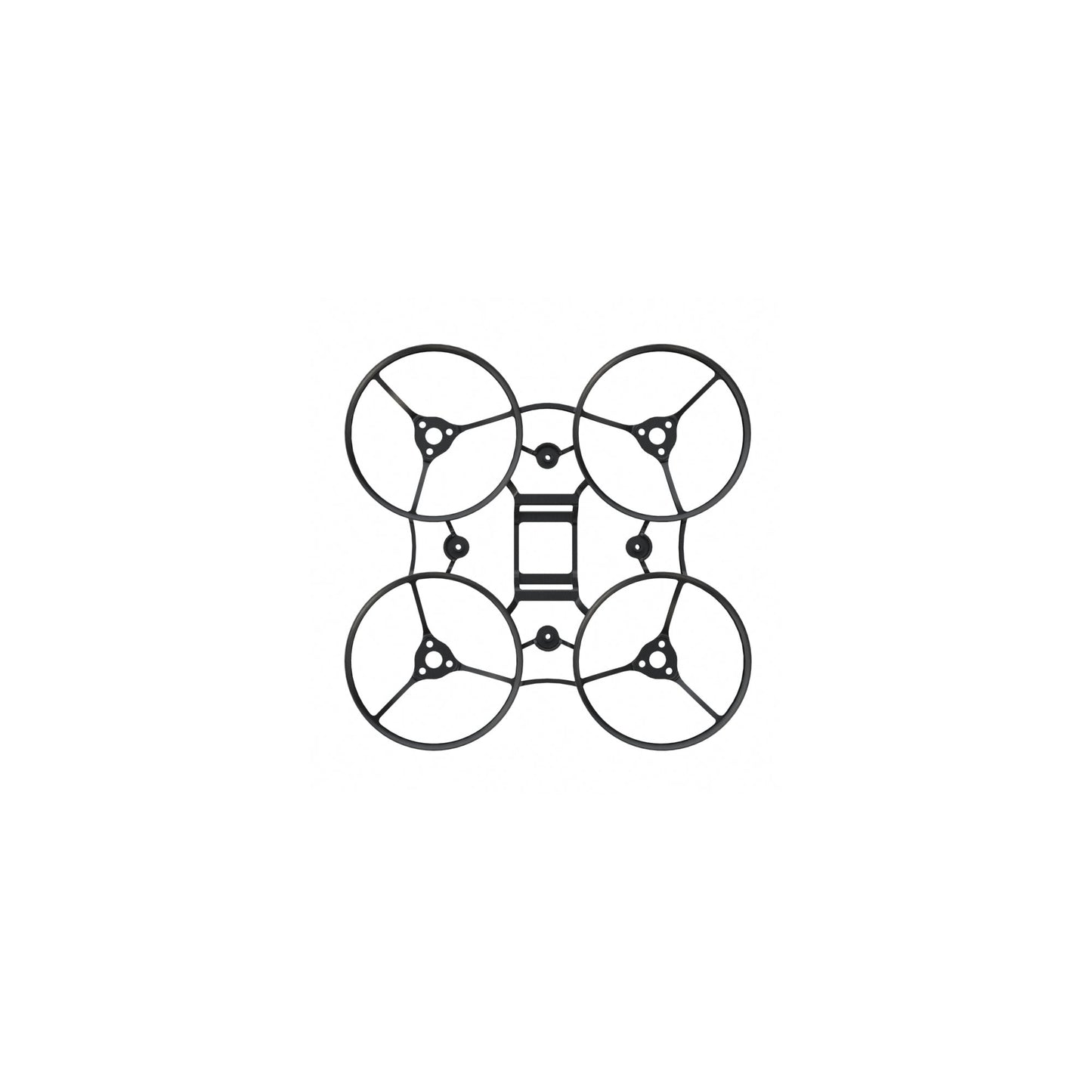 Bottom frame plate with four circular motor guard rings, top-down view