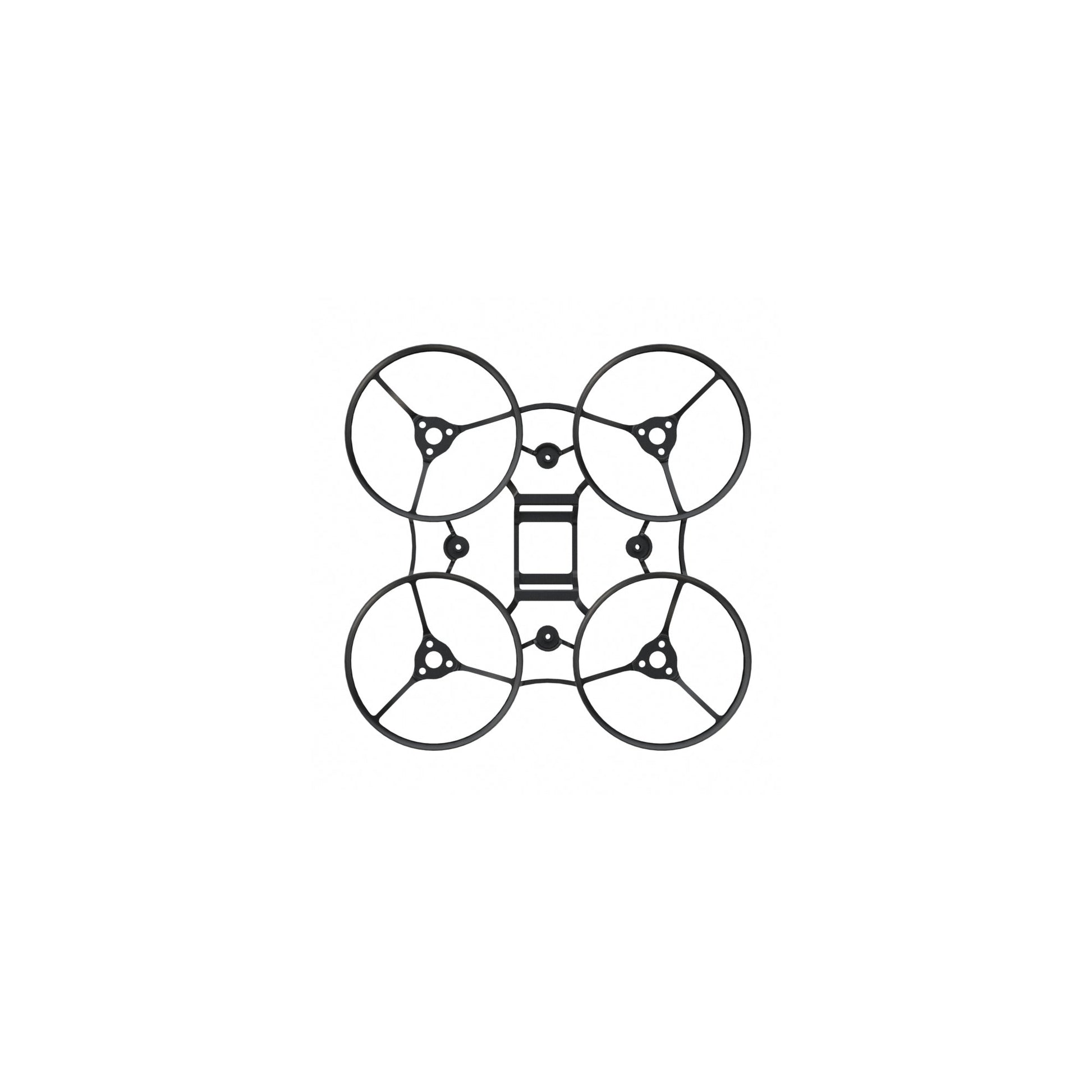 Bottom frame plate with four circular motor guard rings, top-down view