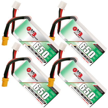 Set of four GAONENG GNB 2S 7.4V 650mAh 70C XT30 LiPo batteries, label and balance leads shown