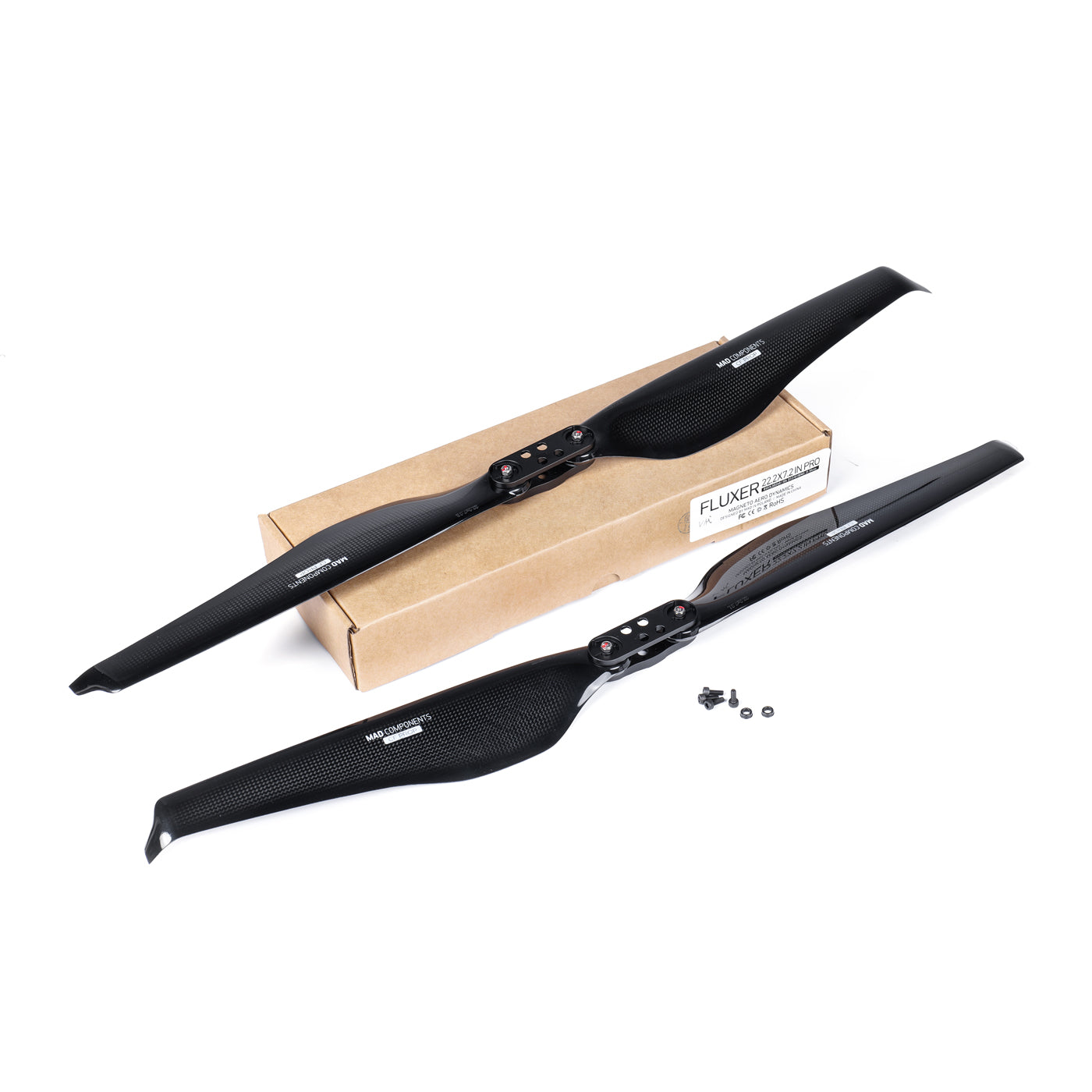 MAD FLUXER Pro glossy carbon fiber folding propeller set with hub hardware and screws beside box