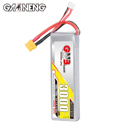 GNB 3000mAh LiPo battery standing upright showing front label, XT60 connector and white balance plug