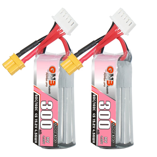 GAONENG GNB300 4S 15.2V 300mAh 80C LiHV LiPo batteries with XT30 plug and balance lead (2 pack)