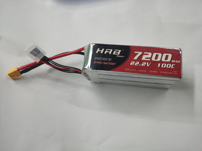 HRB 6S 22.2V 7200mAh 100C LiPo Battery pack, side label view with leads and yellow power plug