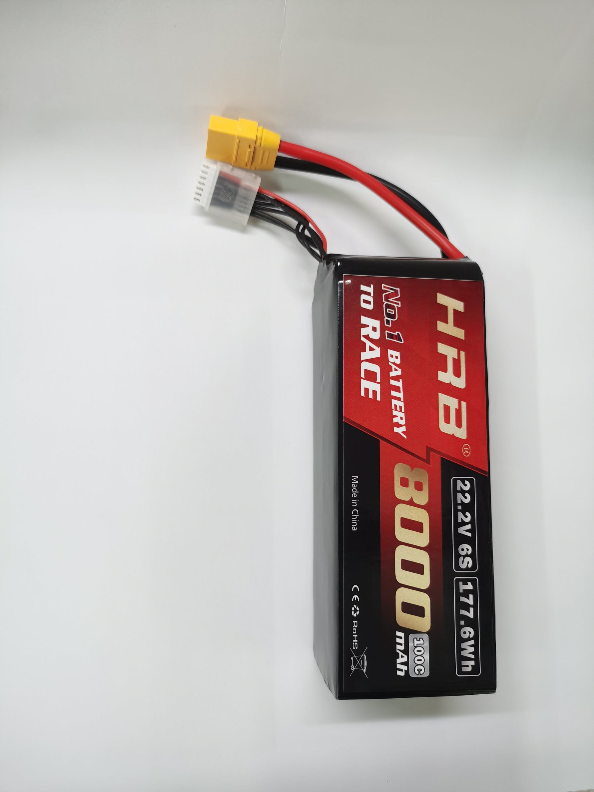 Top view of HRB 8000mAh 6S LiPo battery showing 10AWG wire leads, balance connector, and yellow power plug