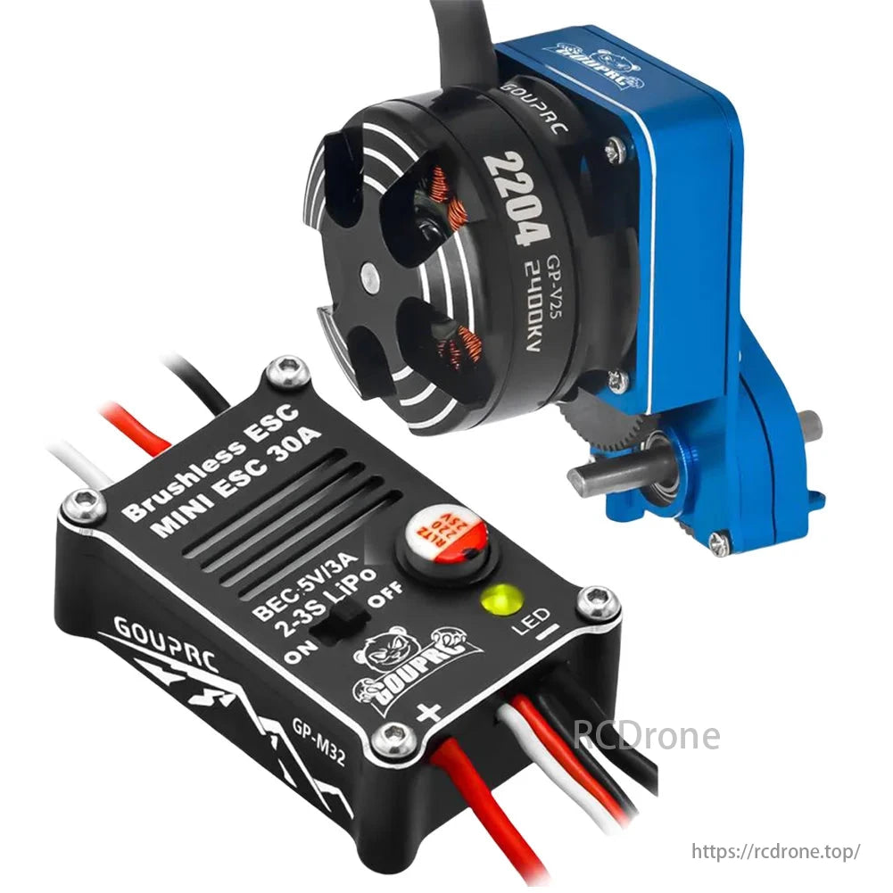 2204 2400KV Brushless Outrunner Motor, 2204 2400KV brushless motor with blue mount and 30A ESC for RC crawler truck.