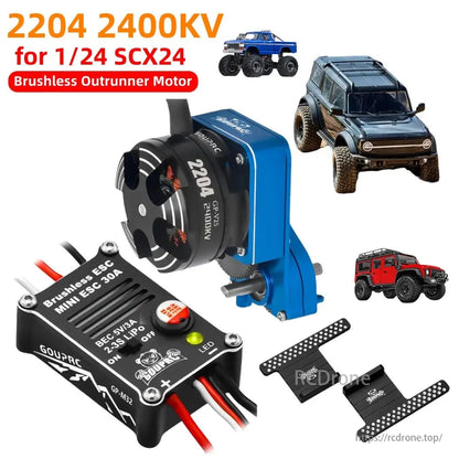 2204 2400KV Brushless Outrunner Motor, 2204 2400KV motor with mount and 30A ESC for SCX24 1/24 RC crawler, compact and efficient design.