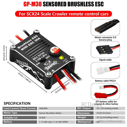 2204 2400KV Brushless Outrunner Motor, GP-M30 30A ESC for SCX24 crawlers, BEC-5V/3A, waterproof, fits 1-2S LiPo/3-6S NiMH, size 37x25.5x12mm, 22.7g.