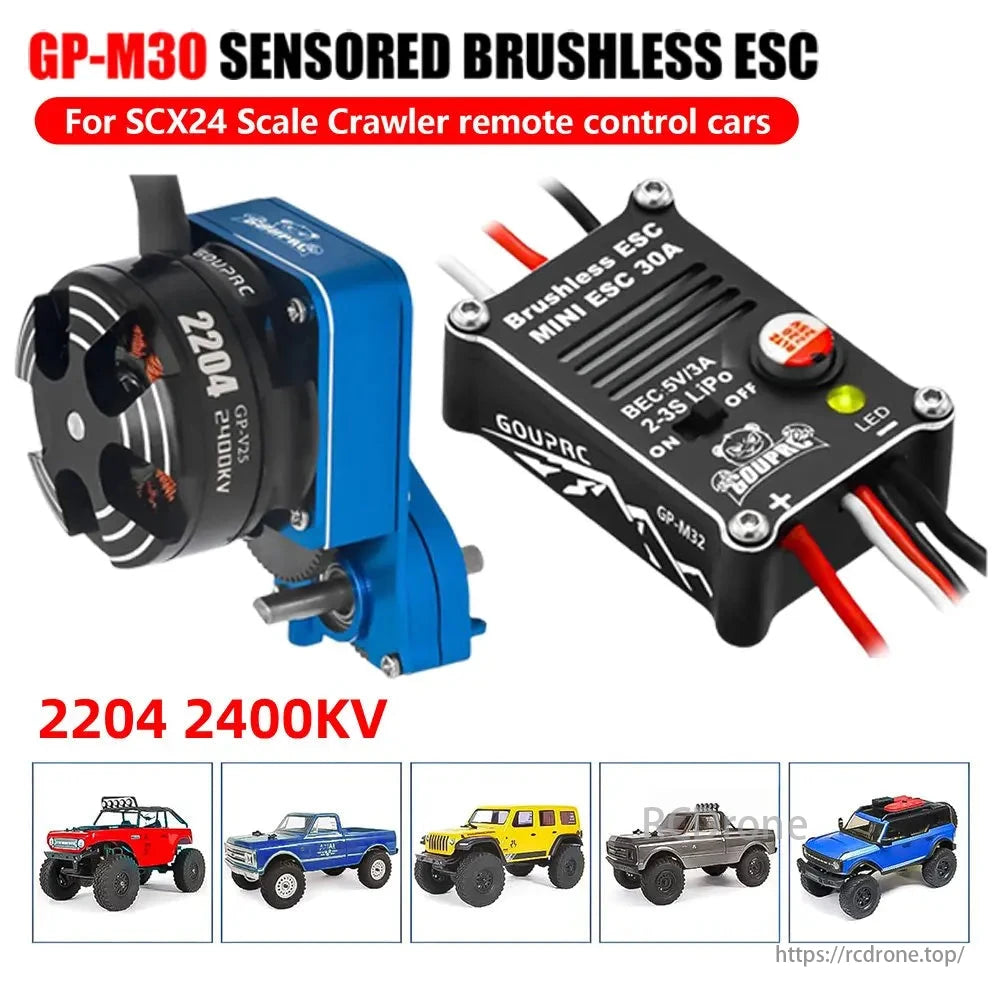 2204 2400KV Brushless Outrunner Motor, GP-M30 Brushless ESC kit for RC crawlers: 2204 2400KV motor, 30A ESC, and transmission mount included. Ideal for various crawler trucks.