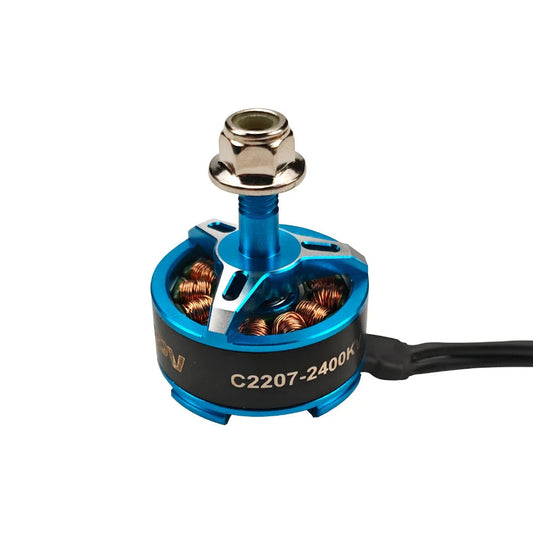 DarwinFPV 2207 2400KV brushless motor close-up, blue C2207-2400KV can with shaft nut and wires