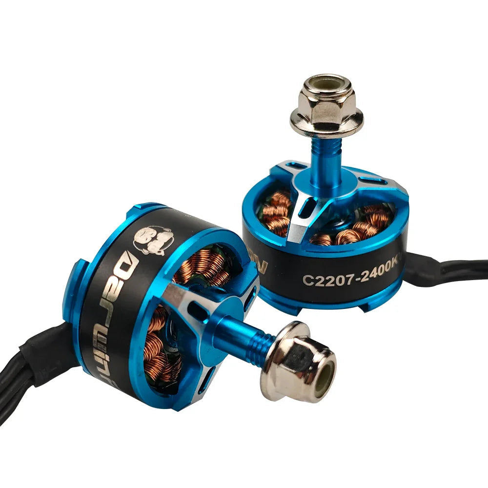 Pair of DarwinFPV 2207 2400KV motors shown at angle, blue housings with exposed copper windings