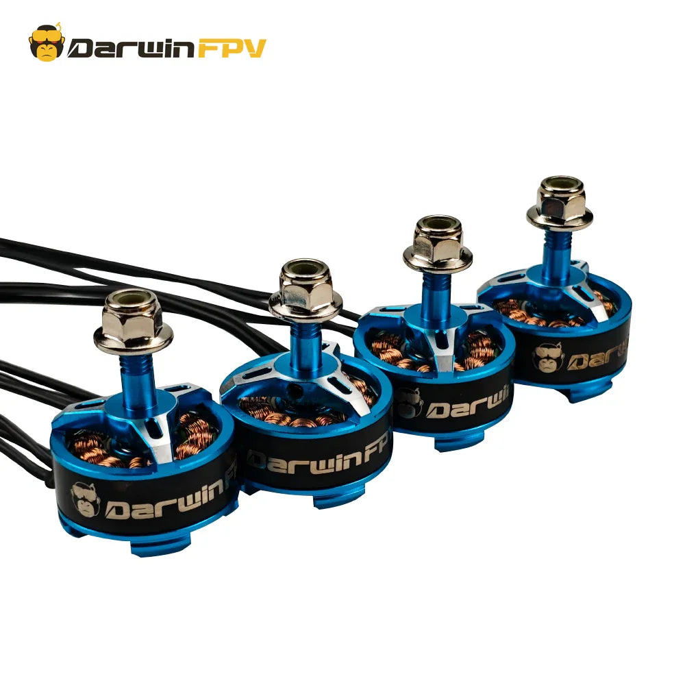 Four DarwinFPV blue brushless motors lined up with wires, showing matching shafts and top nuts