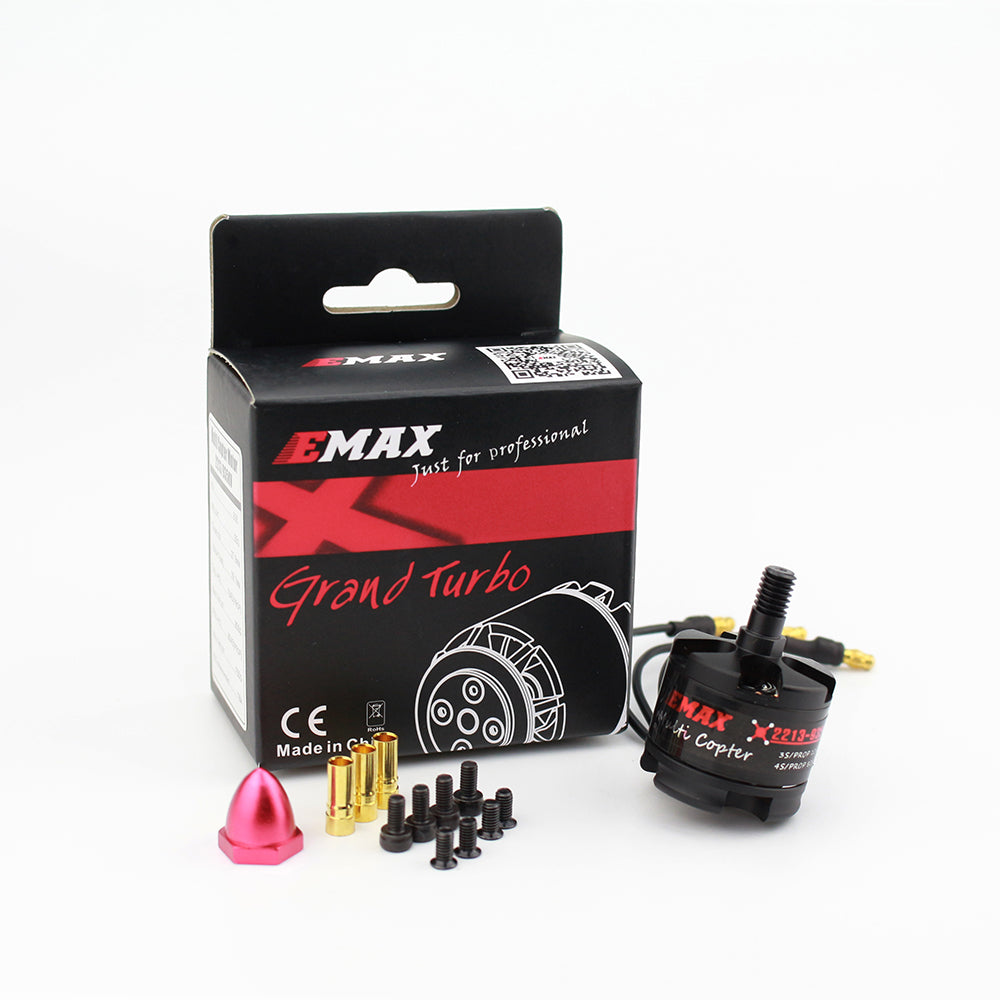 EMAX motor retail box with MT2213 motor, bullet connectors, mounting screws and colored prop adapter