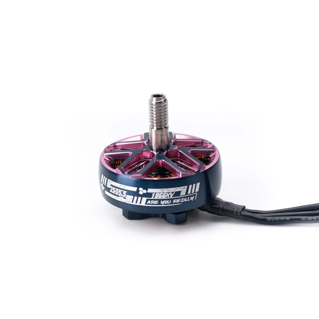 OddityRC Wing 2505.5 Motor close-up, pink rotor with threaded prop shaft and lead wire