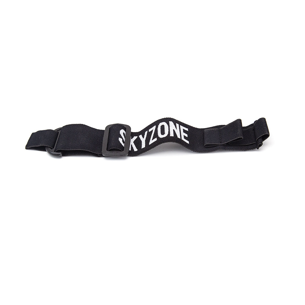 Wide black goggle head strap laid flat, SKYZONE logo center, adjustable buckle and end loops