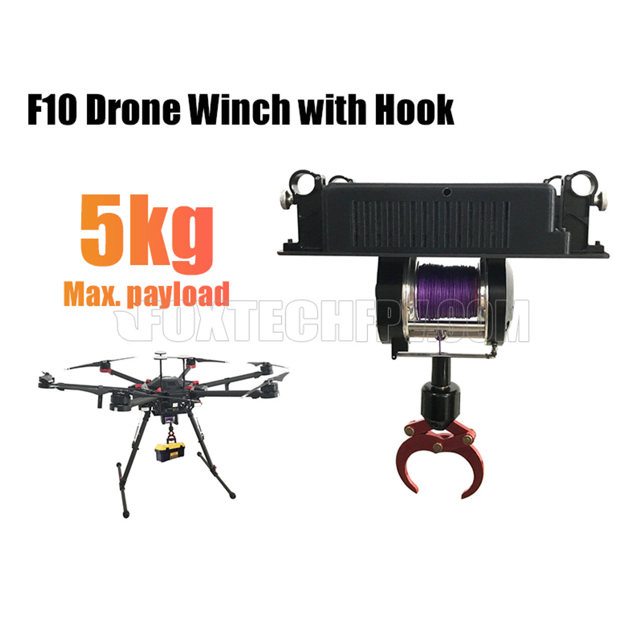 Industrial drone with built-in hook lifts up to 5kg payload securely.