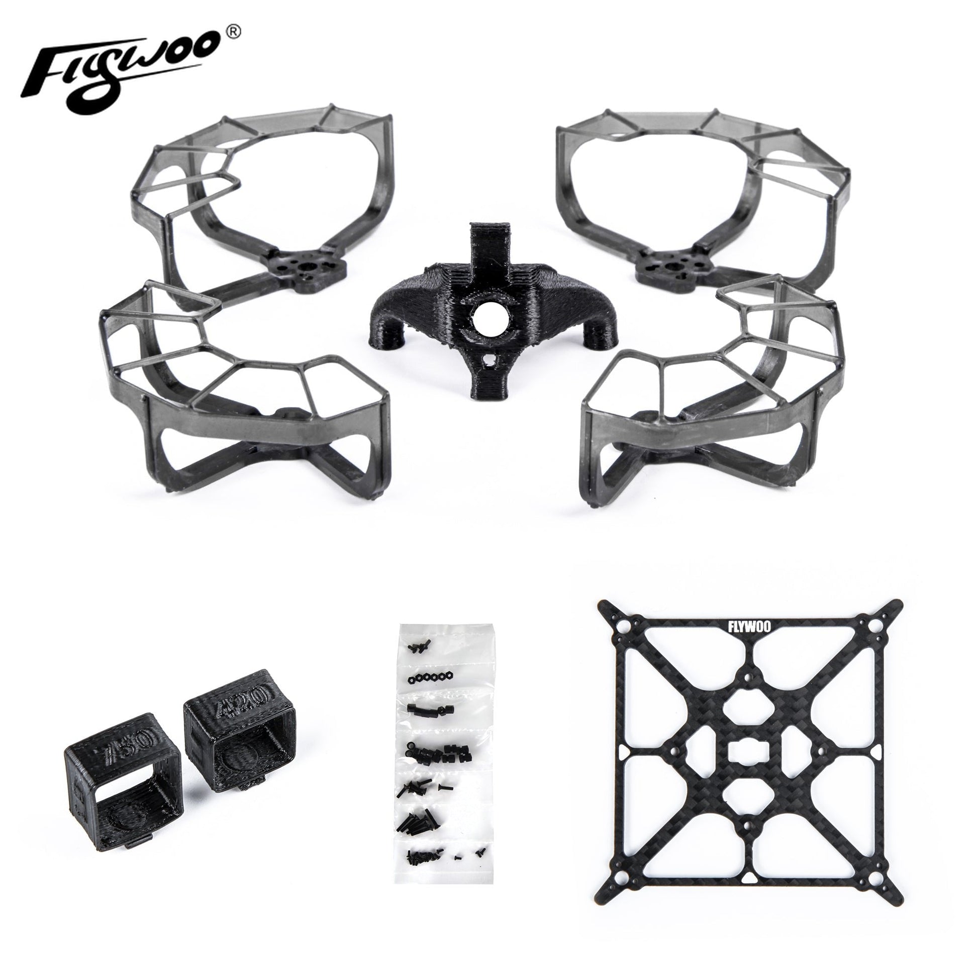 Flywoo Firefly 2S Nano Baby 20 Analog Frame Kit, Flywoo Firefly 2S Nano Baby 20 frame kit with four prop guards, center mount, hardware pack, and carbon plate