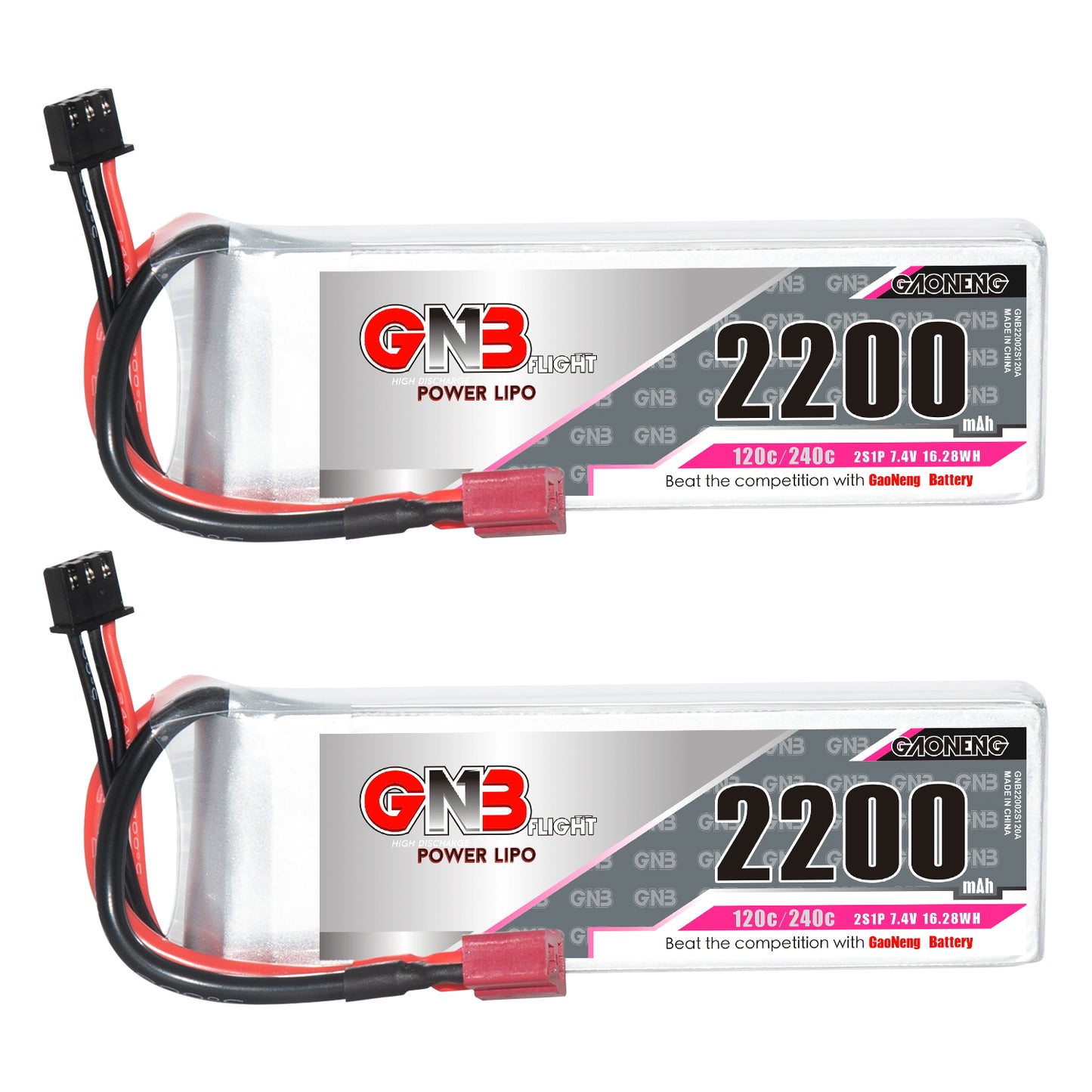 GAONENG GNB 2S 7.4V 2200mAh 120C LiPo Battery two-pack front label view
