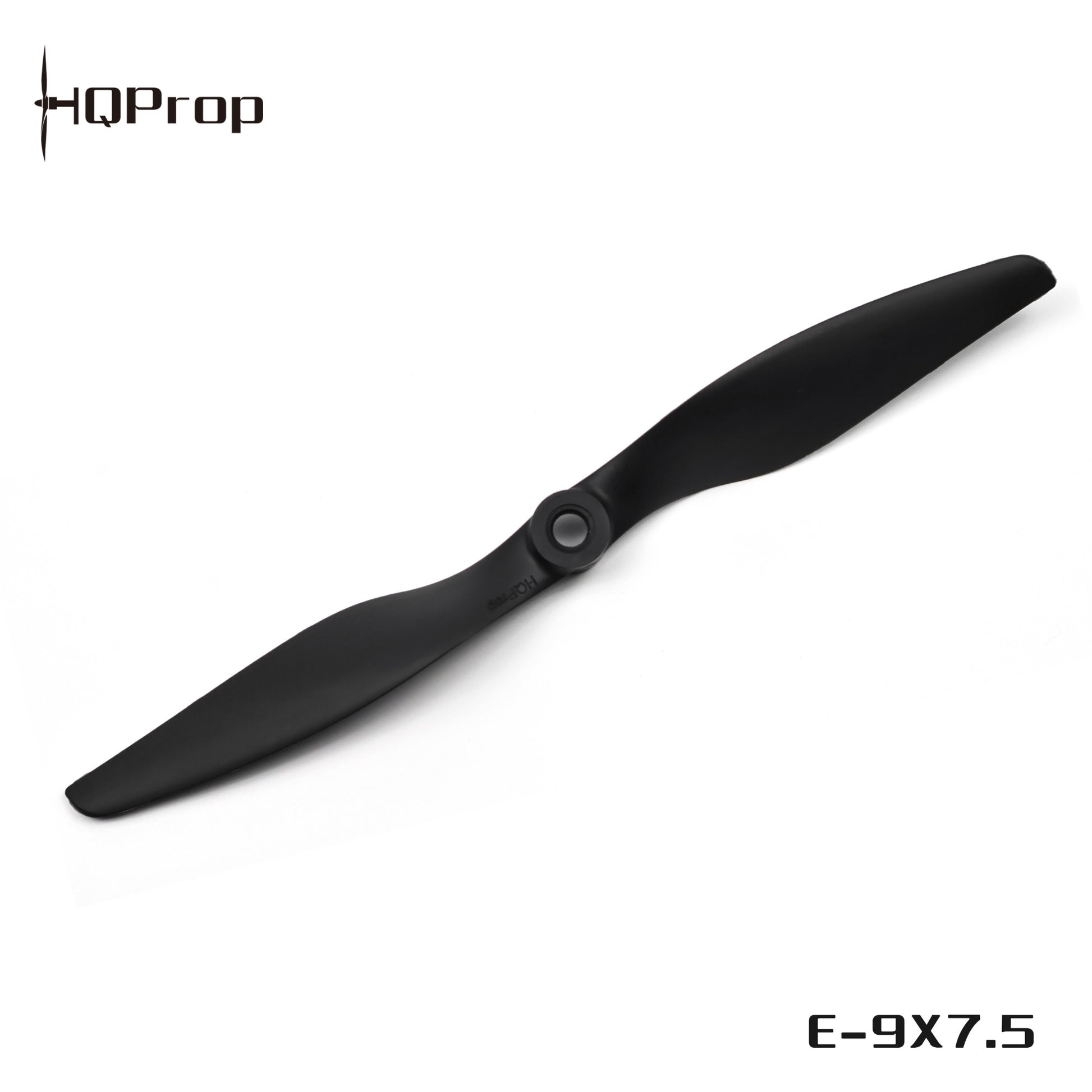 HQProp Thin Electric Propeller E-9x7.5, black two-blade prop with HQProp logo and model text