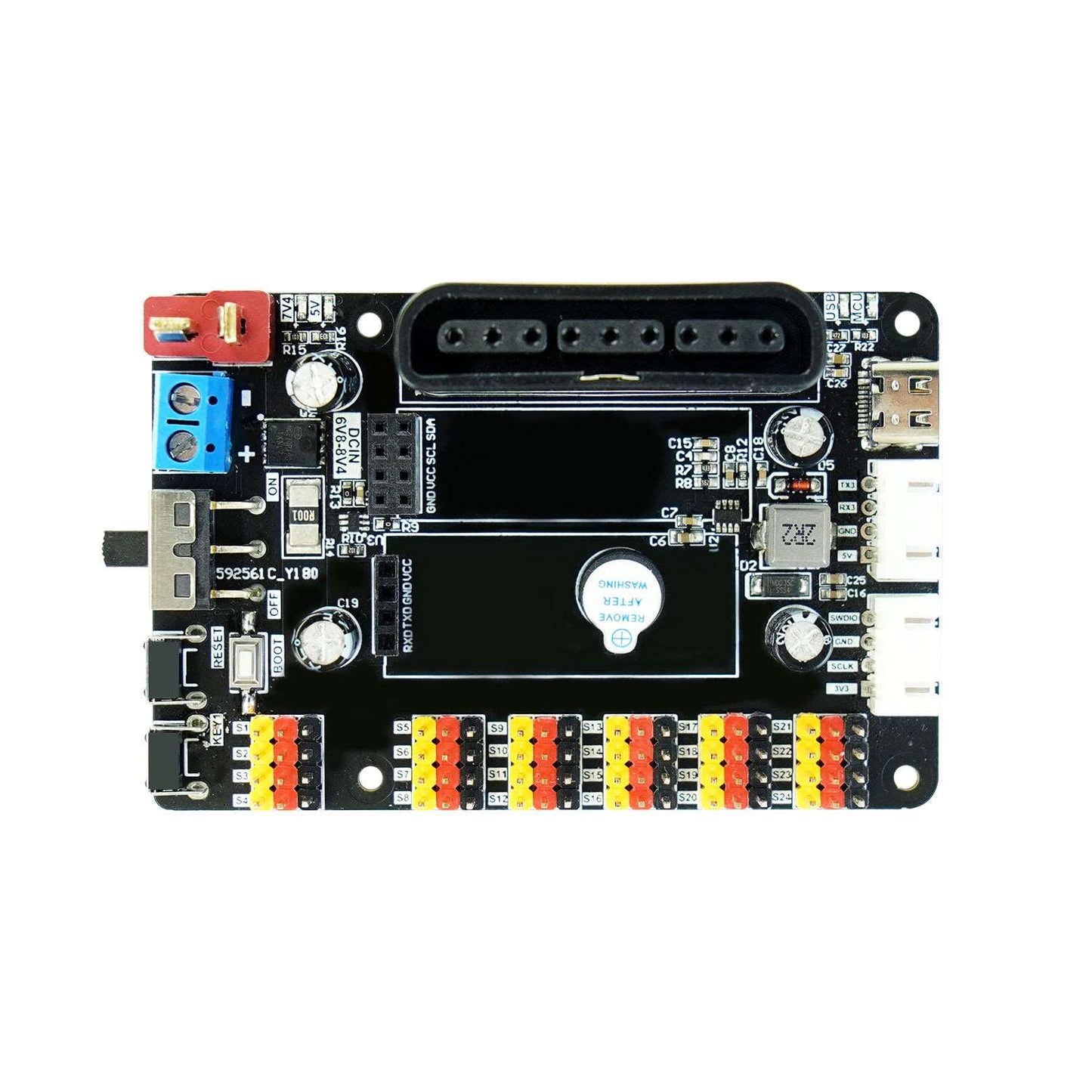 Yahboom STM32F103RCT6 24-Channel Dual PWM servo control board front view with 24 outputs and USB-C