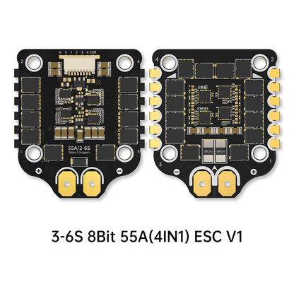 BrotherHobby Returner 3-6S 55A 8-bit 4-in-1 ESC V1 board, top and bottom views with motor pads and mounting holes