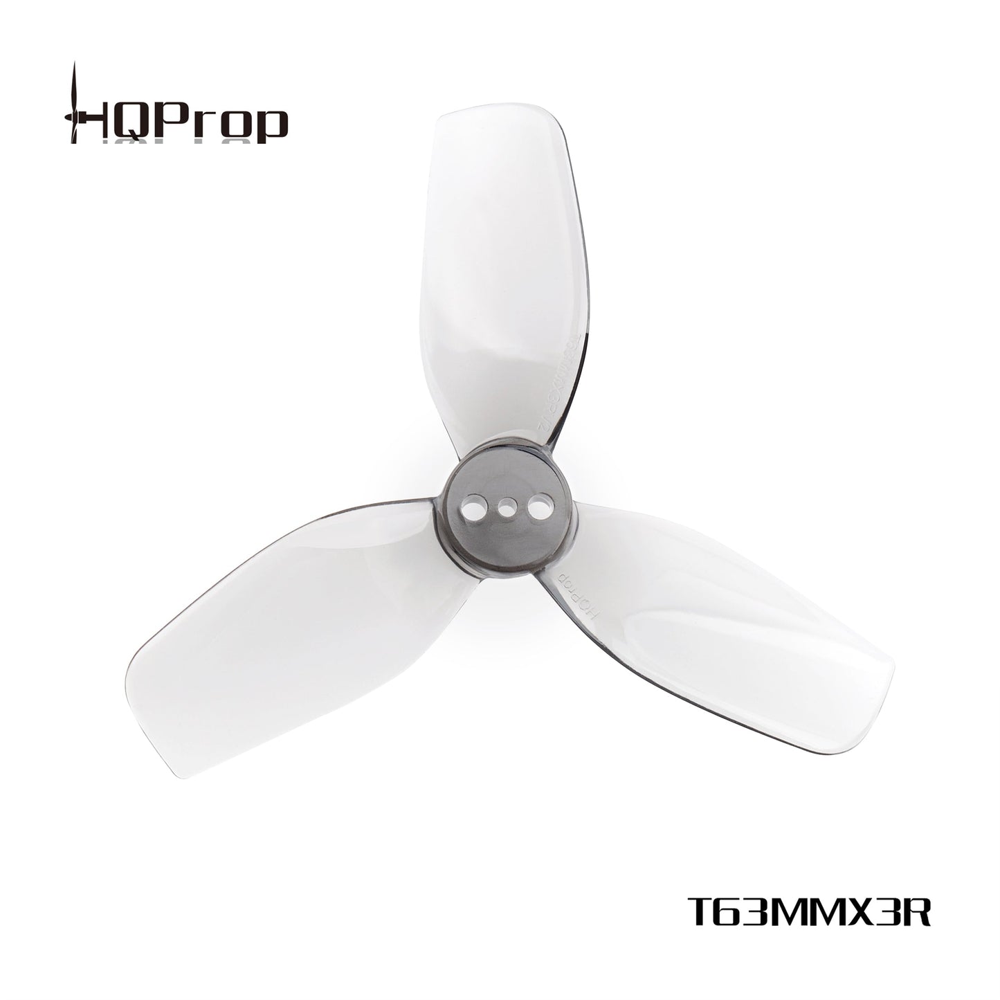 HQProp T63MMX3R 3-blade polycarbonate drone propeller, grey, single prop on white background