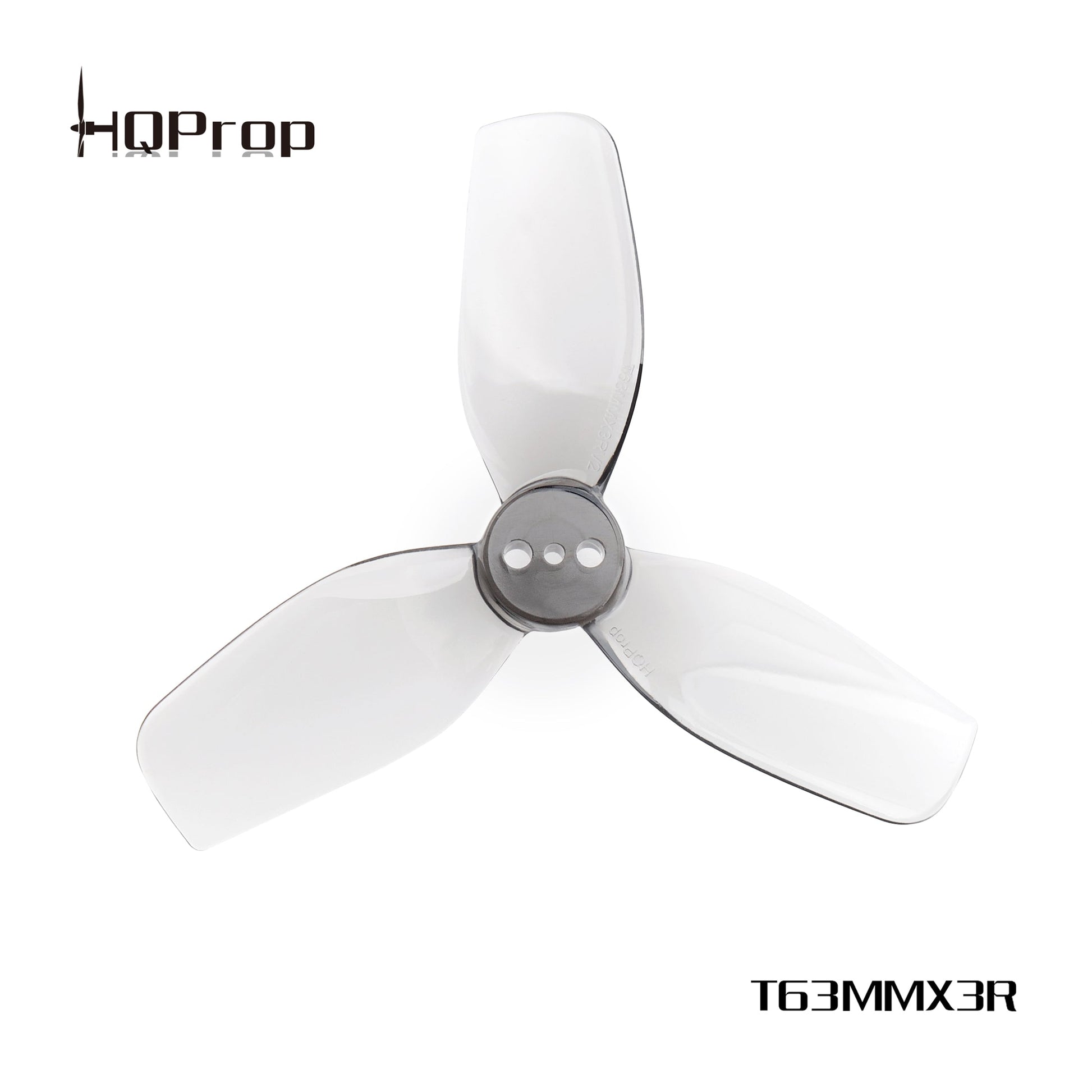 HQProp T63MMX3R 3-blade polycarbonate drone propeller, grey, single prop on white background