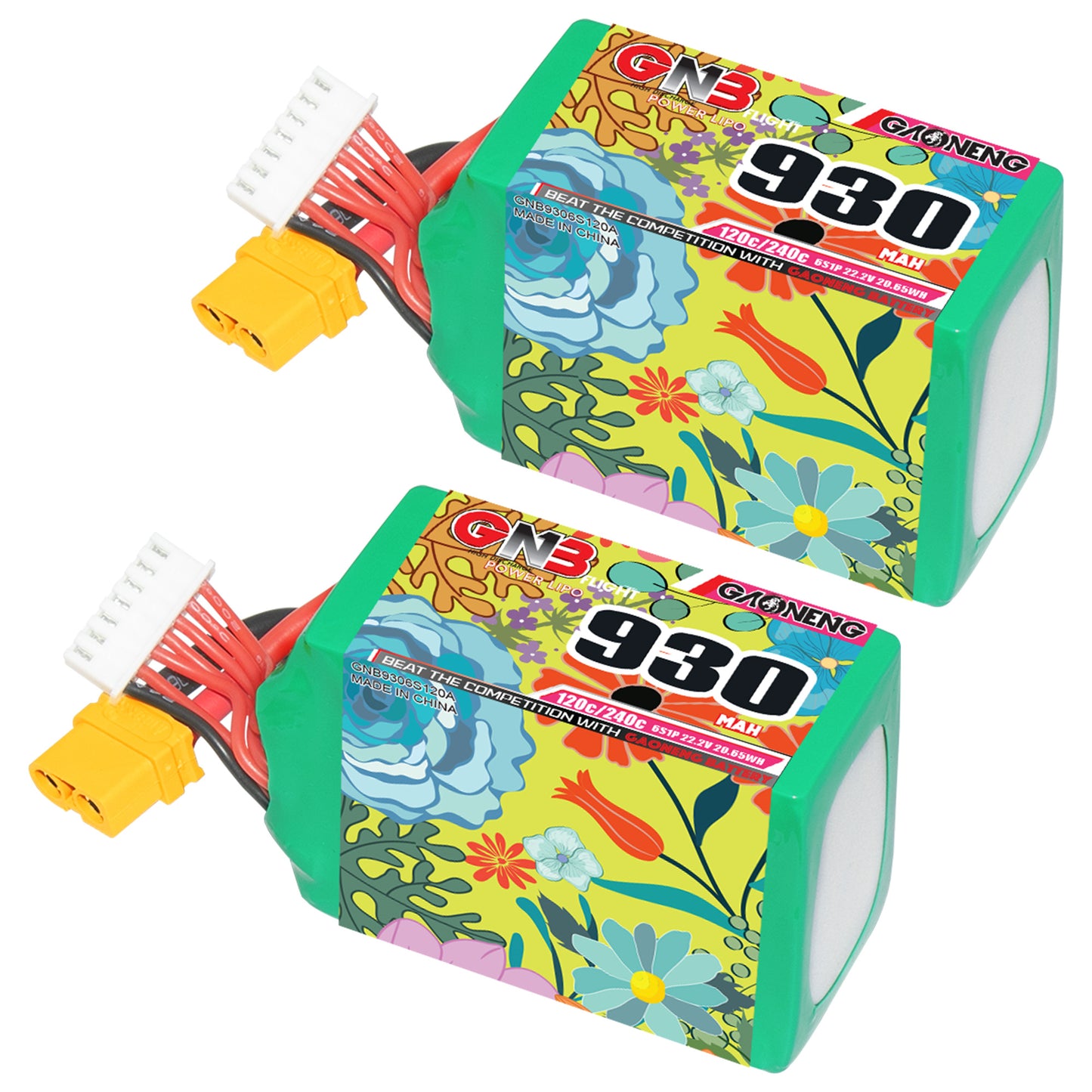 Two GAONENG GNB 930mAh 6S LiPo batteries shown together, each with XT60 connector and balance plug