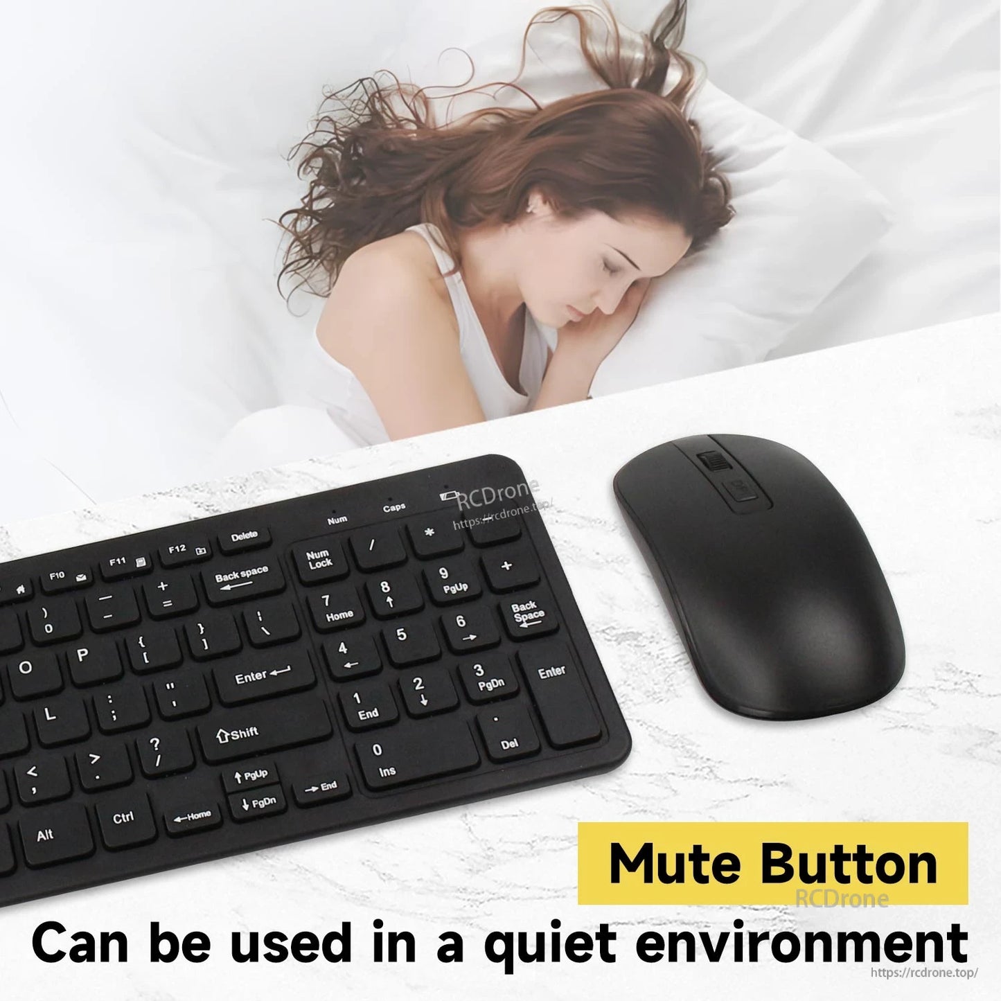 Keyboard and mouse shown for quiet use, highlighting mouse mute button; person resting in background (face blurred)