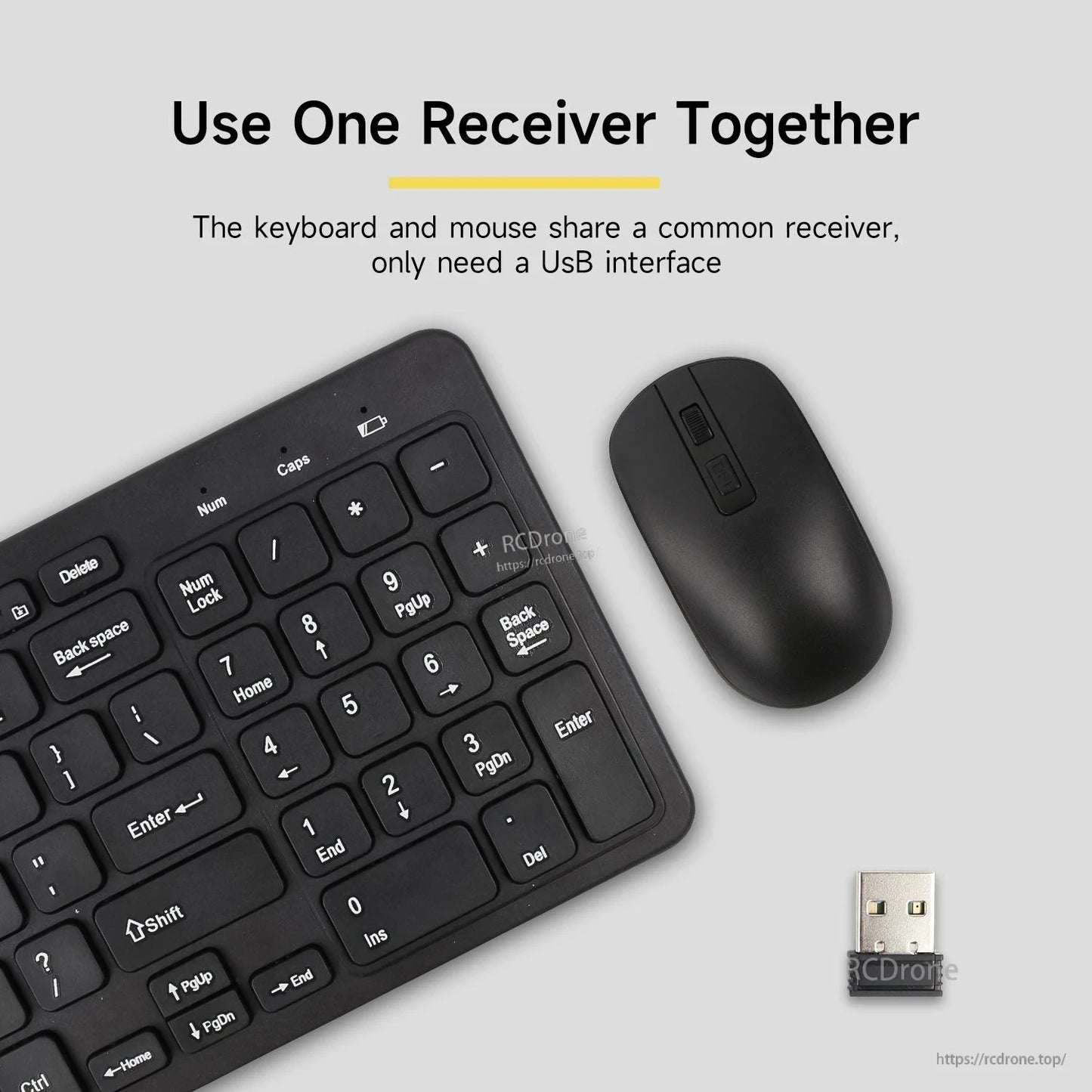2.4G wireless keyboard and mouse with shared USB receiver dongle, close-up of keypad and mouse