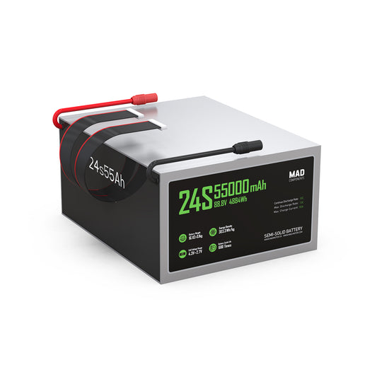 MAD 24S 55Ah drone lithium-ion battery pack with handle and leads, labeled 88.8V 4884Wh 55000mAh