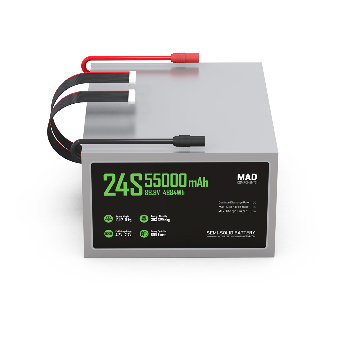MAD 24S 55,000mAh semi-solid drone lithium-ion battery pack with red/black leads, labeled 88.8V 4884Wh