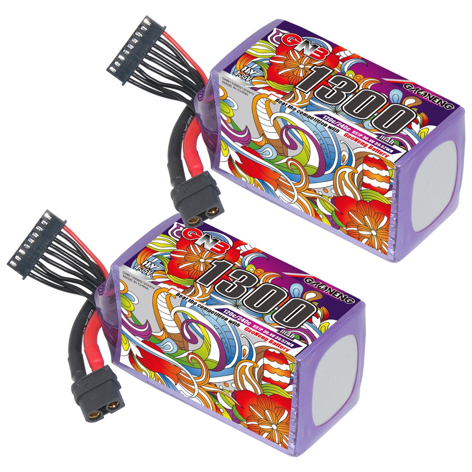 GAONENG GNB LiHV 8S 1300mAh 120C XT60 battery pack shown in pair, floral shrink wrap