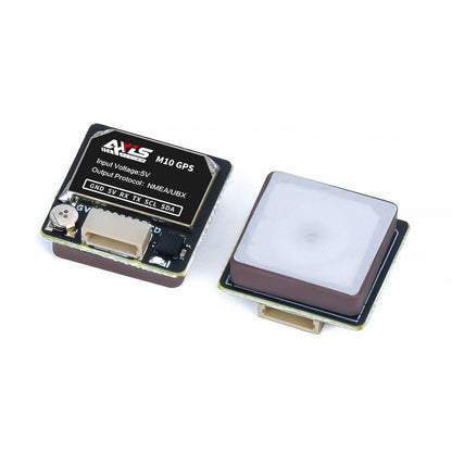 Axisflying M10 GPS module with compass, supports NMEA/UBX protocols, 5V input, ideal for drones and navigation applications.