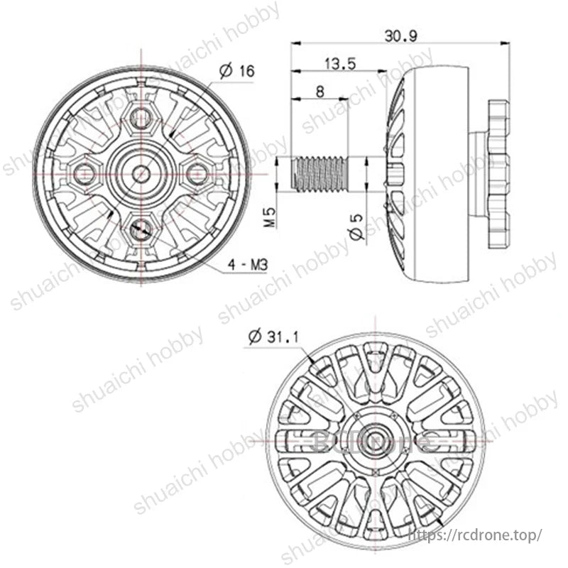 2505.5 1550KV / 1850KV Brushless Motor, Brushless motor specs: 2505.5 1550KV/1850KV model, dimensions Ø16/Ø31.1, 30.9L, 13.5W, 8H, M5 thread, 4-M3 holes.