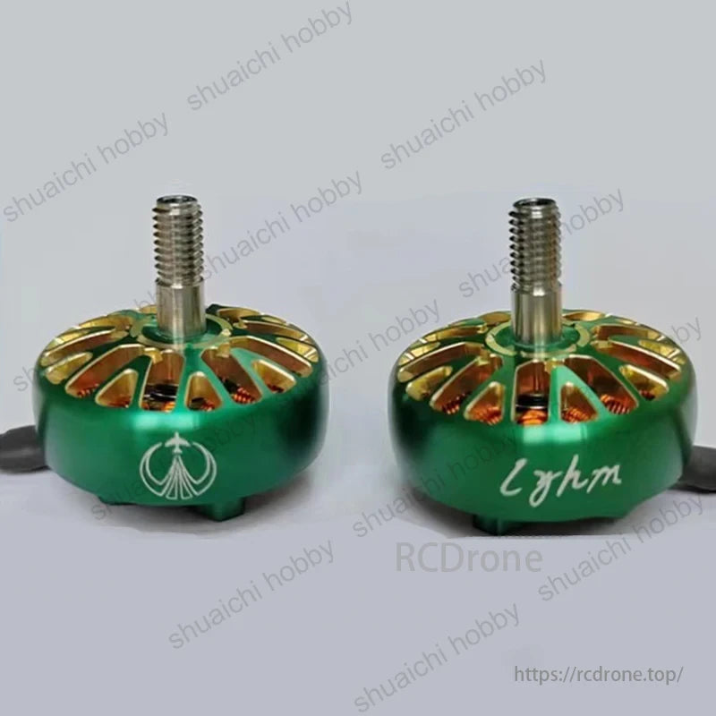 2505.5 1550KV / 1850KV Brushless Motor, Two green 2505.5 brushless motors (1550KV/1850KV), with gold accents and threaded shafts for models.
