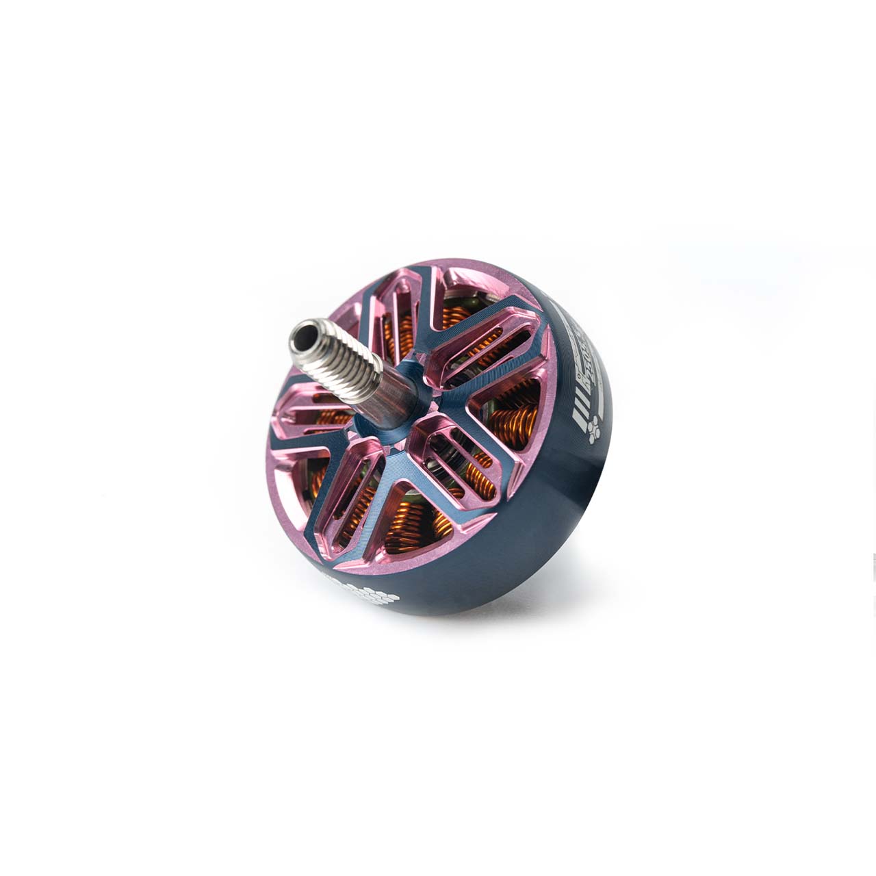 Top view of pink anodized brushless motor bell showing copper windings and threaded shaft