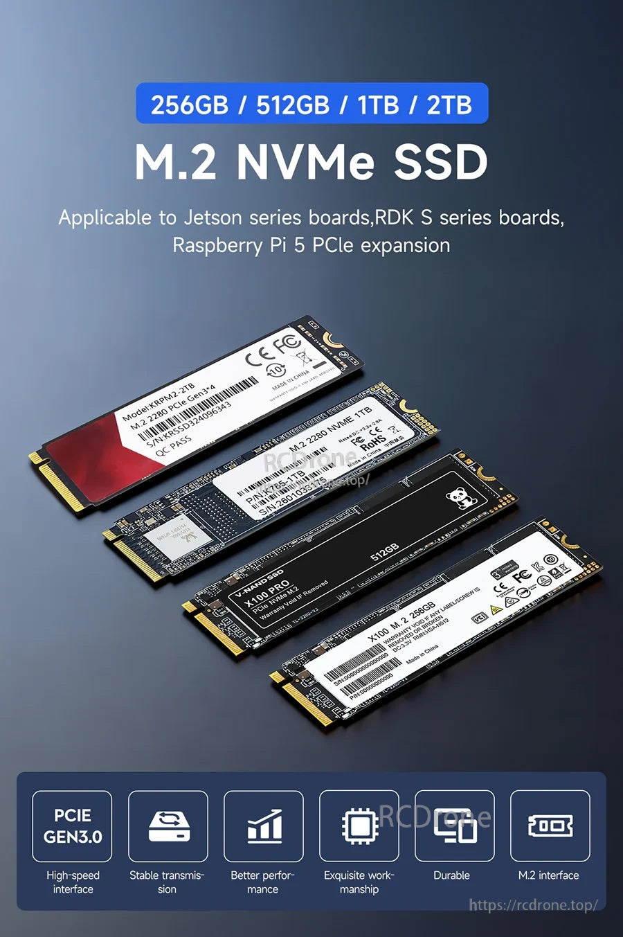 M.2 NVMe SSD (256GB/512GB/1TB/2TB) for PCIe 3.0 storage upgrades on PC, Jetson and Raspberry Pi 5