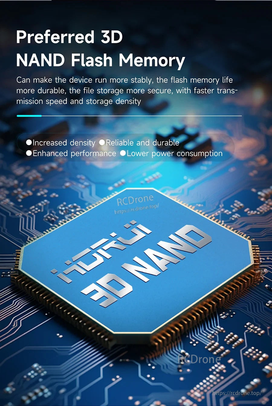 3D NAND flash memory graphic highlighting higher density, durability, and lower power consumption