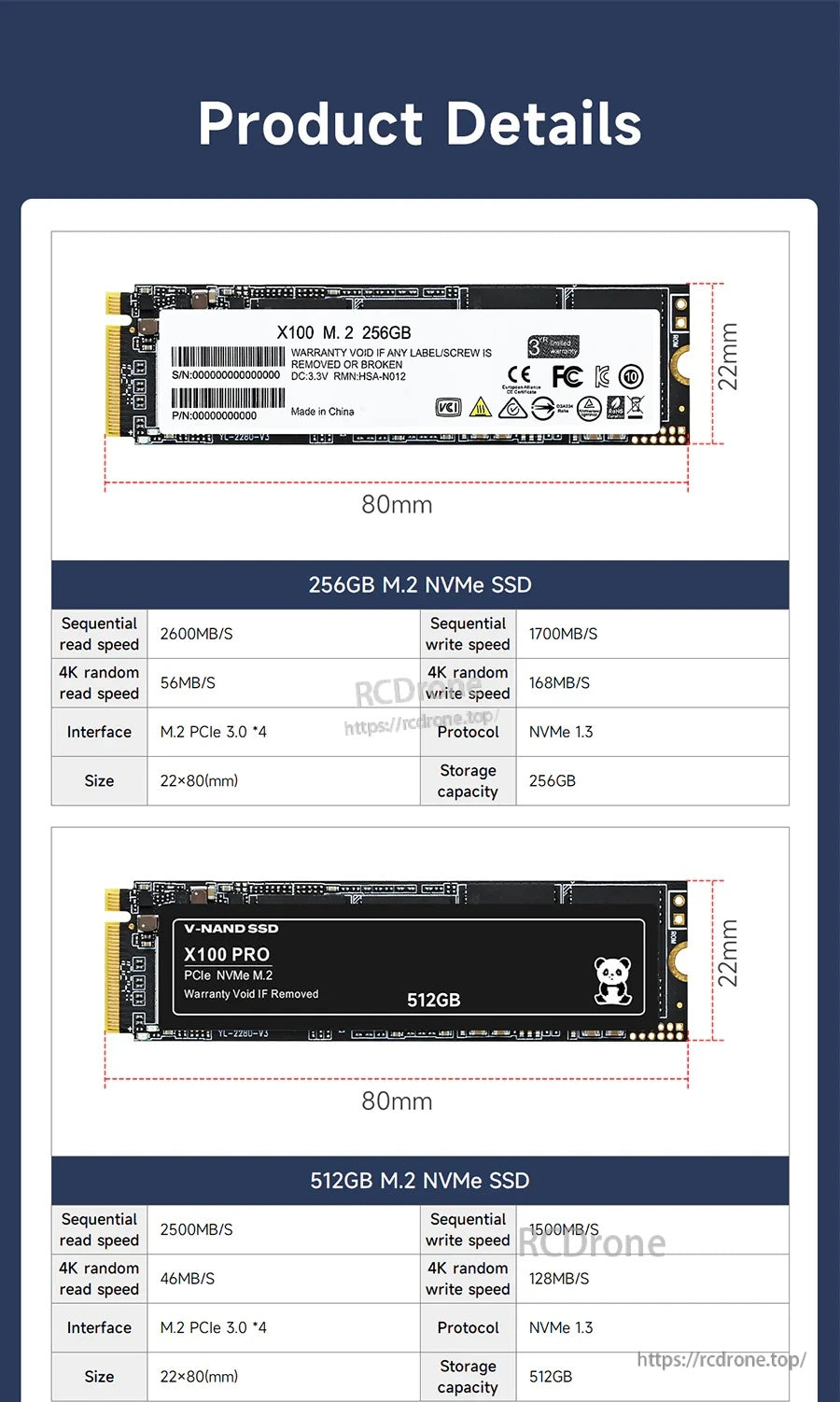 Product details sheet for 256GB and 512GB M.2 2280 SSD with 80mm length and 22mm width dimensions