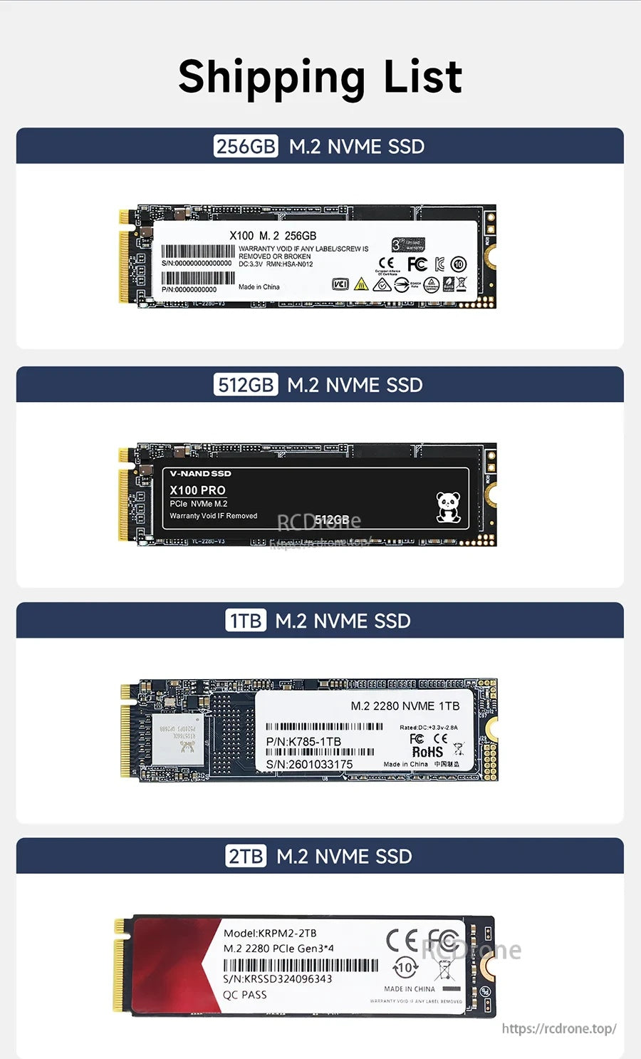Shipping list showing one included M.2 NVMe SSD in the selected capacity (256GB/512GB/1TB/2TB)