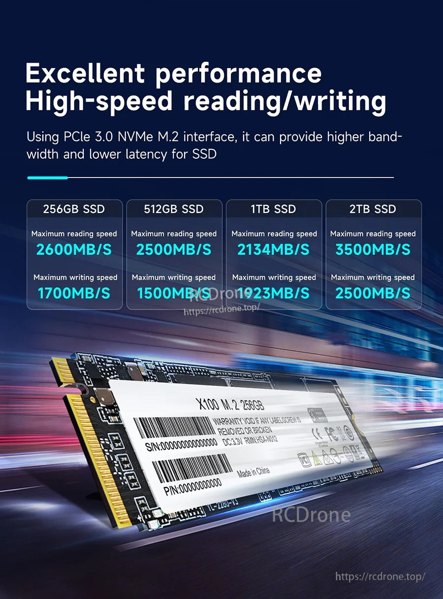 PCIe 3.0 x4 NVMe M.2 2280 SSD performance chart with up to 3500MB/s read and 2500MB/s write