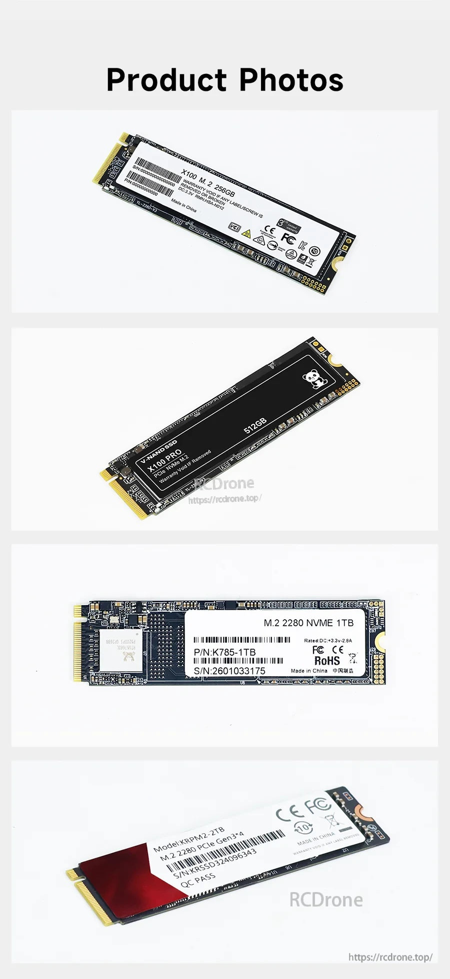 Studio product photos of the M.2 2280 NVMe SSD variants, showing both label and component sides